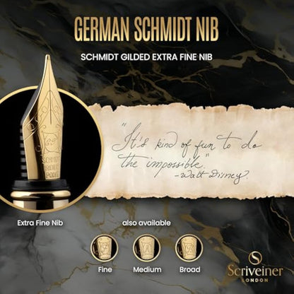 Scriveiner Black Lacquer Fountain Pen Stunning Pen, Real Gold Plating, Schmidt Gilded Nib (Extra Fine), Best Pen Gift Set for Men & Women, Professional, Executive, Office, Nice Pens