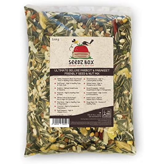 Parrot Food Seed and Nut Mix 3.6kg - Natural Healthy Feed For Parrots Incl African Greys - SeedzBox - Banana Pumpkin Seeds Peanuts and Whole Oats - Fats and Fibre - Donation to OneTreePlanted