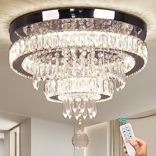 15.7" Modern Crystal Chandeliers, Dimmable LED Ceiling Light with Remote Control, K9 Crystal Flush Mount Chandeliers for Bedroom Dining Room Living Room Hallway (Multicolor