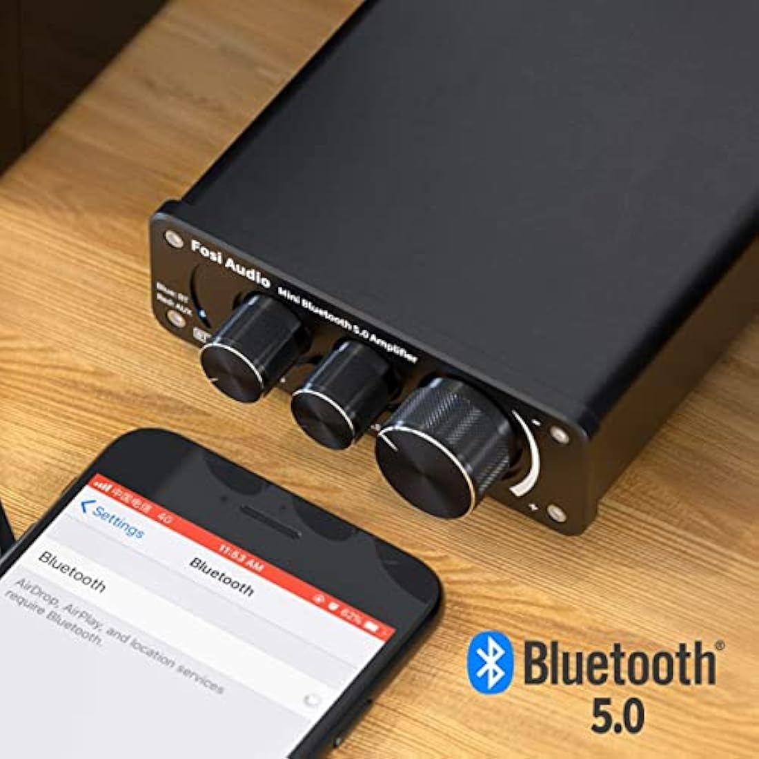 Fosi Audio BT10A Bluetooth 5.0 Amplifier Stereo Power Amplifier, 2 Channel Class D Mini Hi-Fi Integrated TPA3116 Audio Amp, for Home Speakers 50W x 2, with 19V 4.74A UK Power Supply