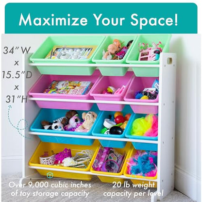 Humble Crew Pastel Wooden Toy Storage Organiser for Children, with 12 BPA Free Plastic Removeable Storage Bins, Ideal for Storing Toys, Games, Books