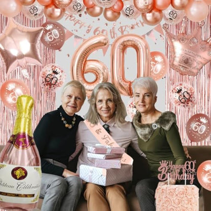 Rose Gold 60th Birthday Party Decorations Set With Balloons, Banner and Triangle Flag