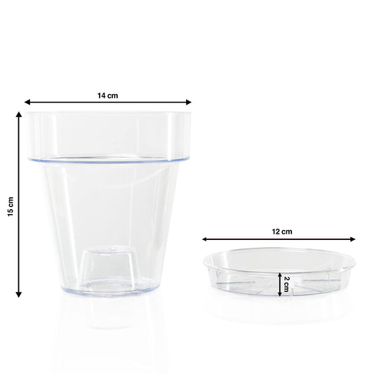 Kalapanta Clear Plastic Orchid Pot with Drainage Holes and Saucer (5, 14 cm Diameter)
