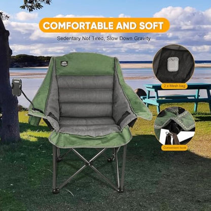 LANMOUNTAIN Oversized XL Folding Camping Chair,Heavy Duty Support 400Lbs,Large Comfy Padded Camp Chair for Adults,Lawn Arm Chair w/Cup Holder,Phone Holder,Carry bag Perfect for Outdoor (Green)