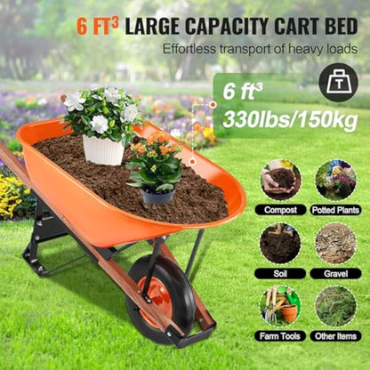 VEVOR Wheelbarrow, 6 Cu. Ft 330 lbs Capacity, One Garden Dump Barrow with Metal Handle & 16" Wide Track Wheels, Easy Loading Utility Yard Cart & Wagons for Lawn Farm, Orange+Black
