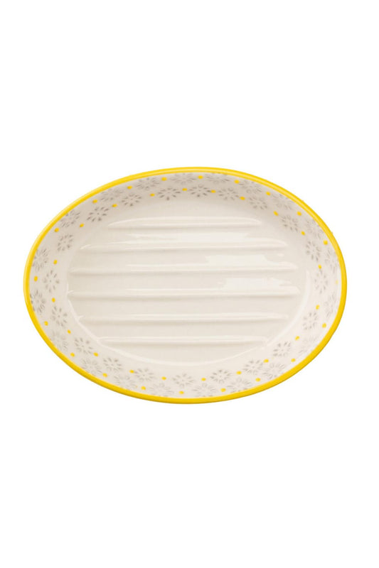 Large Oval Ceramic Soap Dish with Floral Prints, Yellow Trim, Hand Painted Shelf 15 x 11 x 3 cm