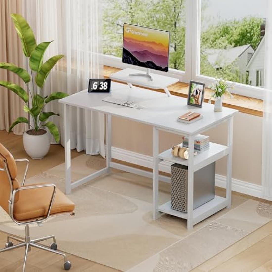 GreenForest Computer Desk with Monitor Stand,100cm Home Office Desk with Reversible Storage Shelves,Study Desk for Small Spaces,Full White