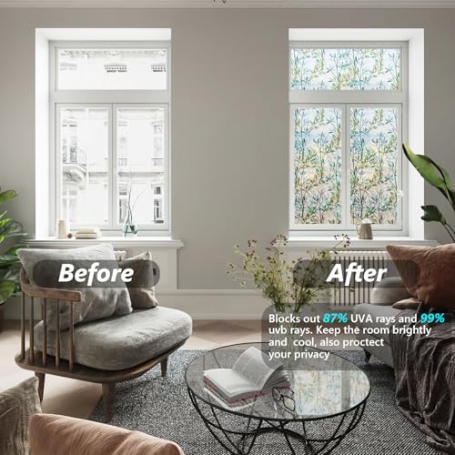 FINNEZ Window Film - Self-adhesive Static Film, Colorful Opaque Privacy Film, Anti-UV Rainbow Optics with Small Grass Motif, Decorative Film for