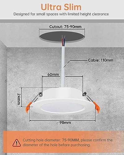 Tomosu LED Downlights for Ceiling Natural White 4000K 5W 450LM, AC 220-240V, Cut Φ75-90mm, 24mm Ultra Slim LED Recessed Ceiling Lights, IP44 Spotlights for Bathroom, 20 Pack