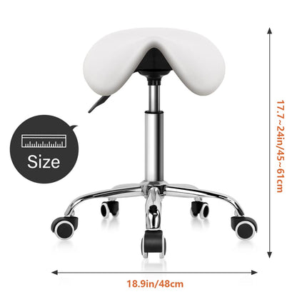 KKTONER Rolling Saddle Stool PU Leather Swivel Adjustable Rolling Stool with Wheels Salon Chair (White)