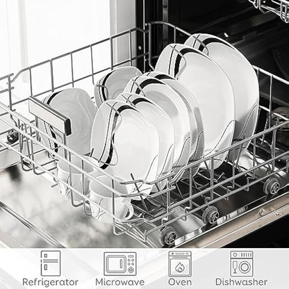 VEWEET 'Fiona' 30-Piece Dinner Set Ivory White Black Lines Porcelain China Ceramic Combination Sets with Dessert Plates/Soup Plates/Dinner Plates/Cups/Saucers, Service for 6