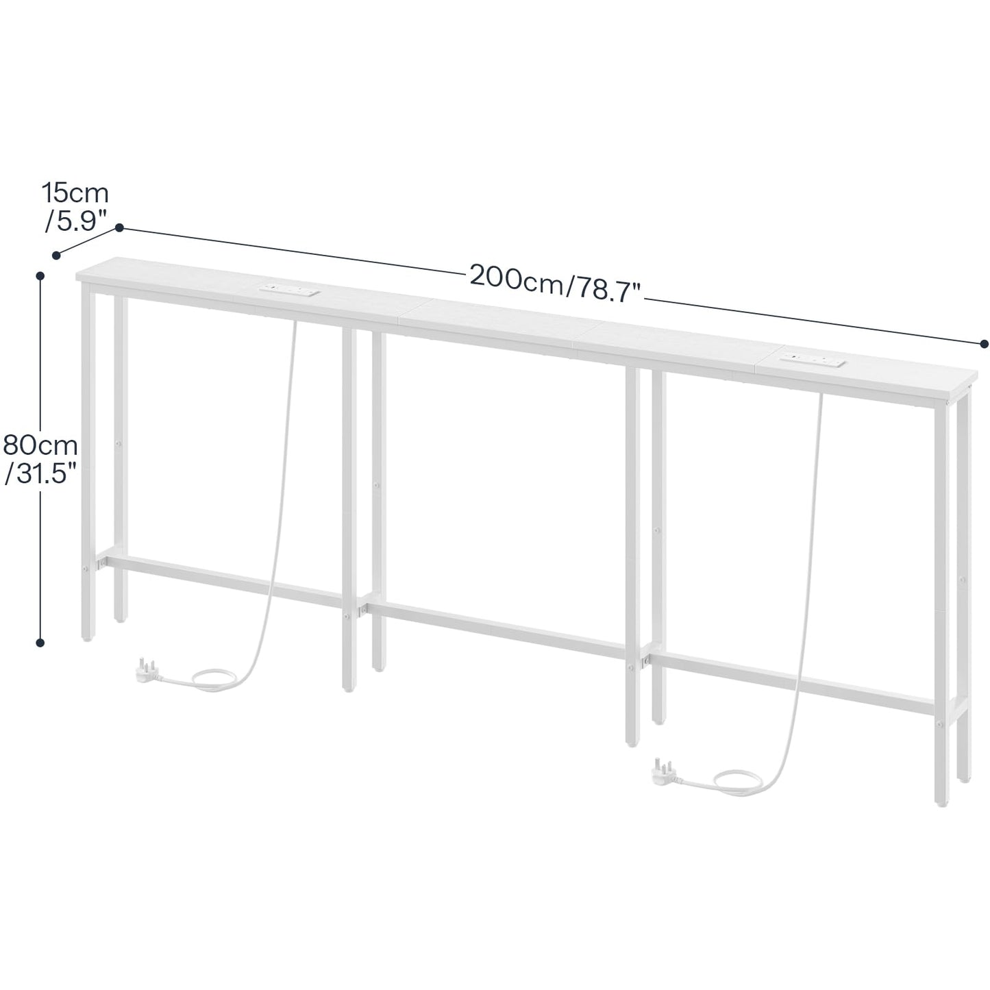 HOOBRO 200 cm Slim Console Table with 2 Charging Stations, Narrow Behind Sofa Table, Long Hallway Table with Adjustable Feet, for Hallway