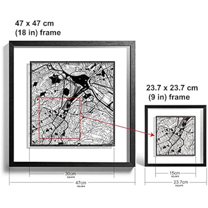O3 DESIGN STUDIO Stuttgart Paper Cut Map framed, Black map, Black frame, 9x9 inches, Gift Boxed, 2 background color, self-changing, Paper Art