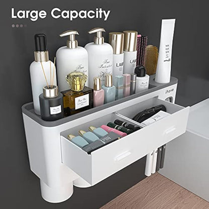 iHave Toothbrush Holders for Bathroom, 4 Cups Toothbrush Holder Wall Mounted with Toothpaste Dispenser - Large Capacity Tray, 2 Cosmetic Drawer - Bathroom Storage & Organisation