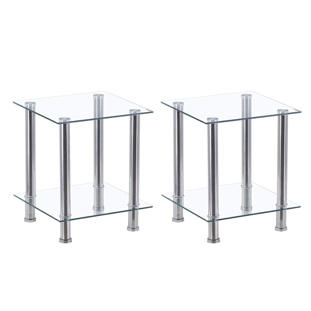 GOLDFAN 2-Tier Small Glass Coffee Table Corner Side End Table with Clear Glass and Stainless Steel Legs Living Room, Transparent (Two tables)