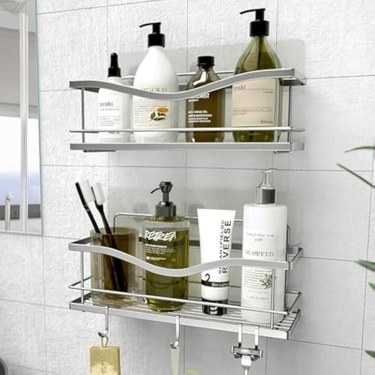 KINCMAX Shower Shelves 2-Pack - Self Adhesive Shower Caddy with 4 Hooks - No Drill Large Capacity Stainless Steel Wall Shelf - Shower Organiser for Inside Bathroom - Matte Black