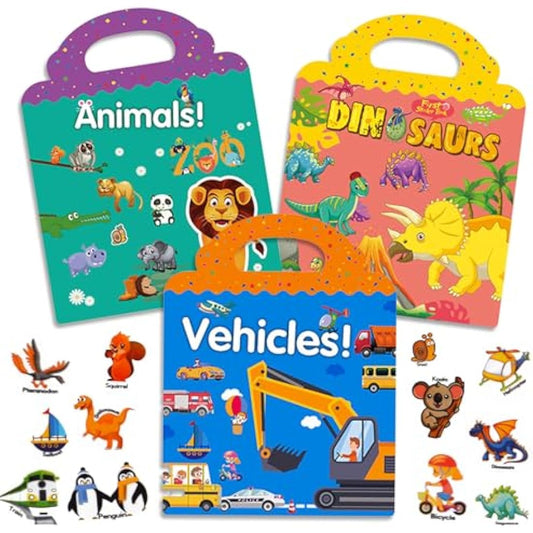 Surcotto Sticker Books for Children, Reusable Sticker Book for 2 3 4 Year Old Kids Boys Girls Toddlers, 3 Sets Reusable Stickers, Car Animal Dinosaur Stickers, Educational Learning Toy Travel Toys