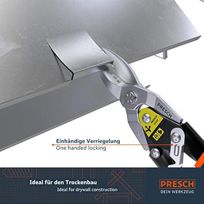 Presch Tin Snips Straight Cut - Heavy Duty Aviation Snips - Drywall Construction Tool for CW and UW Mouldings, Metal Cutting, etc. - Tin Cutter with Lever Transmission