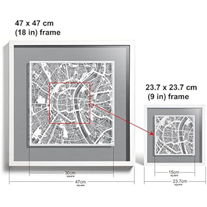 O3 DESIGN STUDIO Cologne Marco de Papel para mapas, White map, White frame, 9x9 inches, Gift Boxed, 4 background color, self-changing, Paper Art
