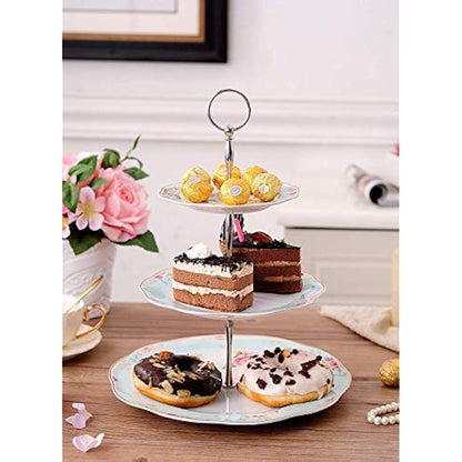 YBK Tech Vintage 3 Tier Porcelain Cake Stand Dessert Display Stand Cakes Platter Food Rack (Light Blue)