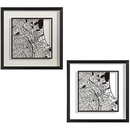 O3 DESIGN STUDIO Aberdeen Paper Cut Map framed, Black map, Black frame, 23x23 cm, Gift Boxed, 2 background color, self-changing, Paper Art