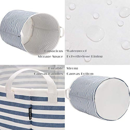 Sea Team 19.7 Inch Large Sized Waterproof Coating Ramie Cotton Fabric Folding Laundry Hamper Bucket Cylindric Burlap Canvas Storage Basket with Stylish Blue Stripe Design