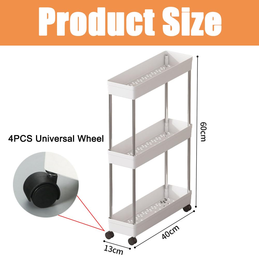 3-Tier Narrow Slim Storage Trolley Cart Slide-out Utility Mobile Shelving Space Organizer Shelf Rack Storage Cart on Wheels for Kitchen Bathroom