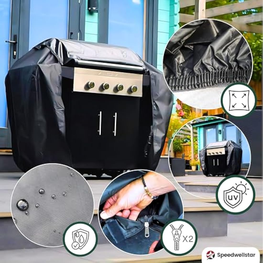 SpeedwellStar Heavy Duty BBQ Barbecue Grill Cover for Outdoor Grill – 200 L x 83 W x 139 H cm – Breathable & UV Resistant - Easy Access Dual Zips for Weber, Char-broil, Brinkmann, Outback and more.
