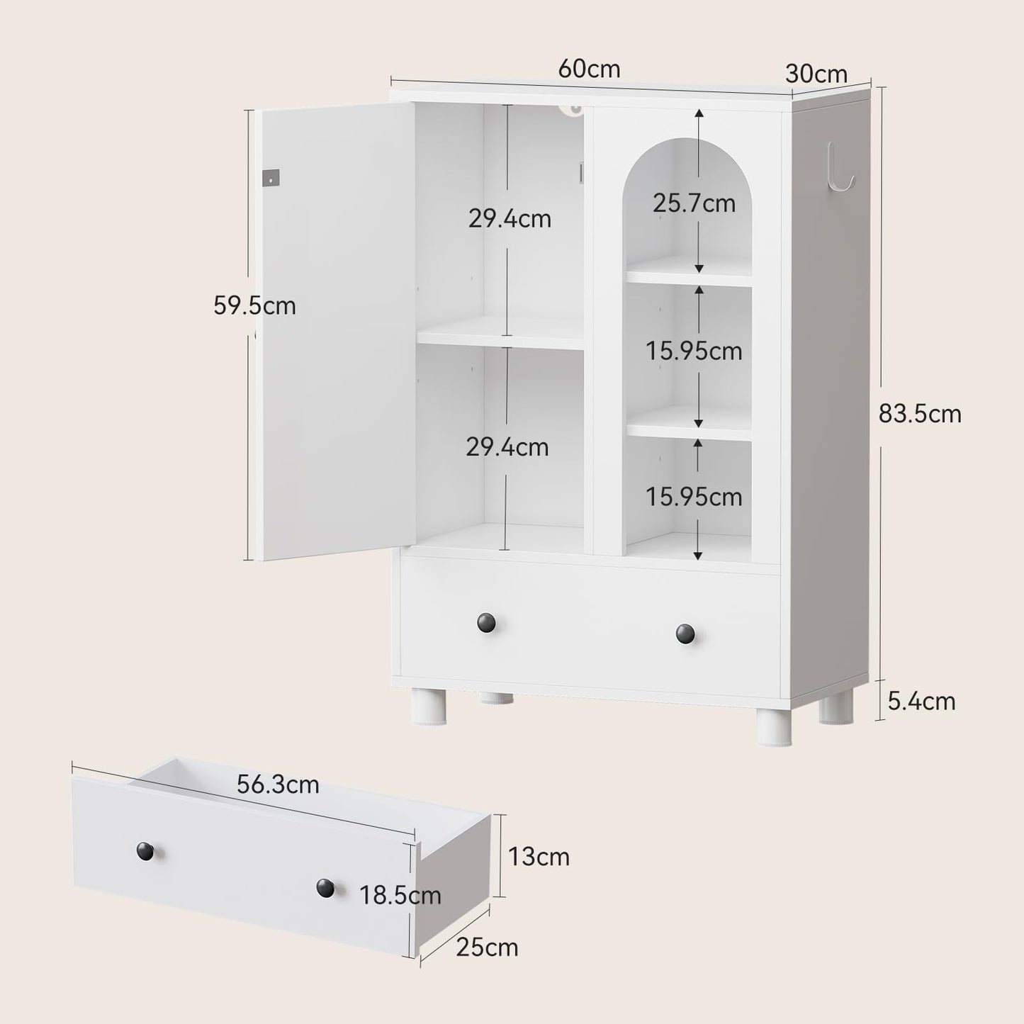 Coleshome Bathroom Storage Cabinet with Large drawer, 60x30x89cm, White