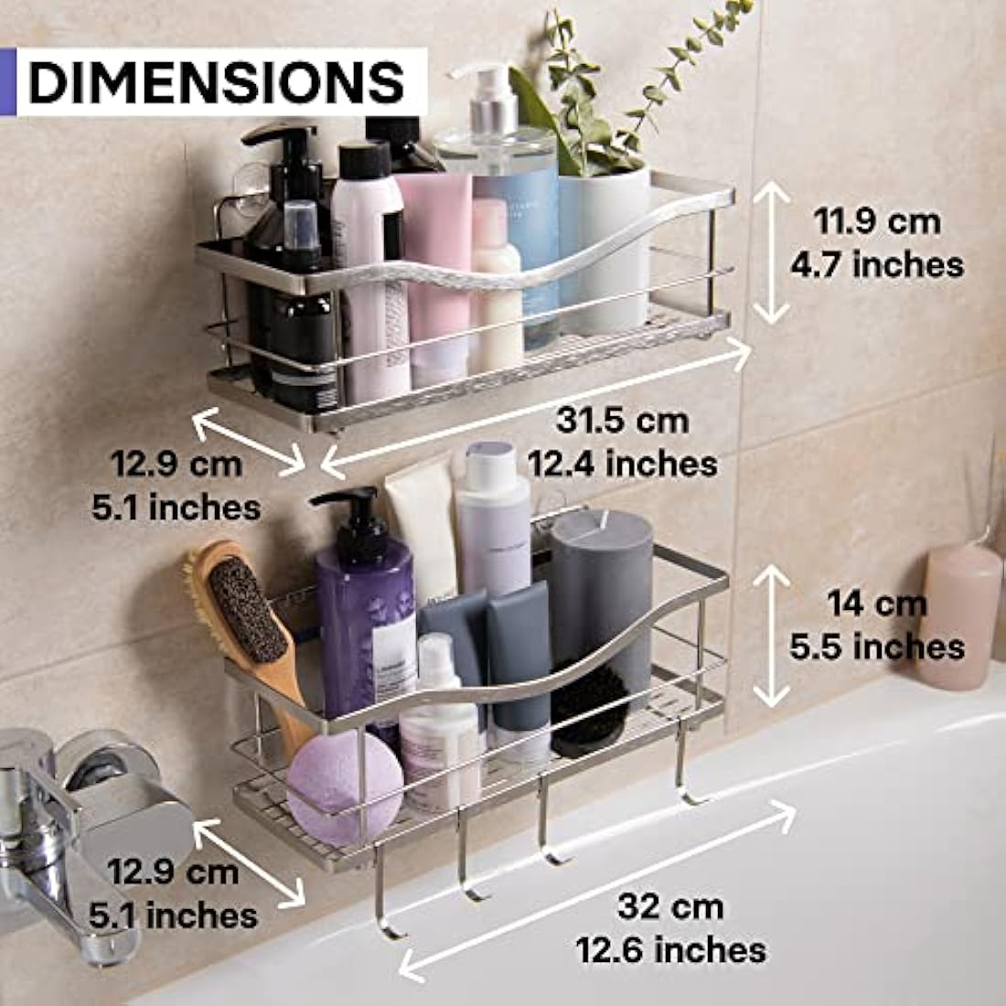 KINCMAX Shower Shelves 2-Pack - Self Adhesive Shower Caddy with 4 Hooks - No Drill Large Capacity Stainless Steel Wall Shelf - Shower Organiser for Inside Bathroom - Matte Black