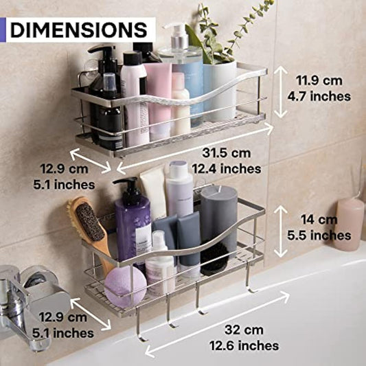 KINCMAX Shower Shelves 2-Pack - Self Adhesive Shower Caddy with 4 Hooks - No Drill Large Capacity Stainless Steel Wall Shelf - Shower Organiser for Inside Bathroom - Matte Black