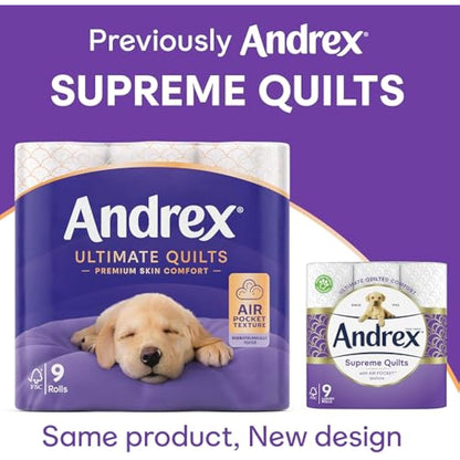 Andrex Ultimate Quilts 9 Mega Toilet Rolls = 13.5 Standard Toilet Rolls, 50% Longer Lasting Paper, Air Pocket Technology for Soft, Thick Sheets, FSC Certified