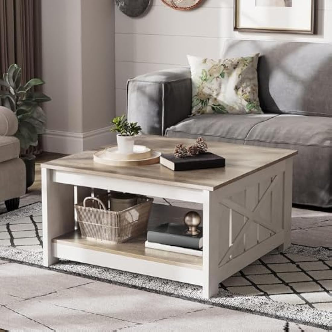 YITAHOME Coffee Table with Storage,Square Wood Modern Rustic Coffee Table for Living Room,Farmhouse Grey Wash Coffee Tables with Half Open Storage Compartment