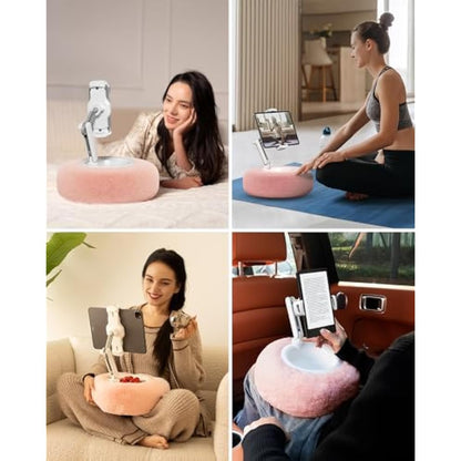 Viozon Tablet Stand with Pillow, Kindle Holder, Compatible with 4.7"-13" Phone/Tablet, iPad, iPhone, Google, Kindle, 360°Adjustable Phone Holder for Bed with Soft Plush Fabric, Detachable Bowl, Pink