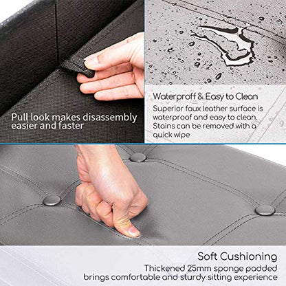 BRIAN & DANY Folding Ottoman Storage Bench with Lid, Foot Stool Faux Leather Large Storage boxes with Lid, Gray, 76 x 38 x 38 cm