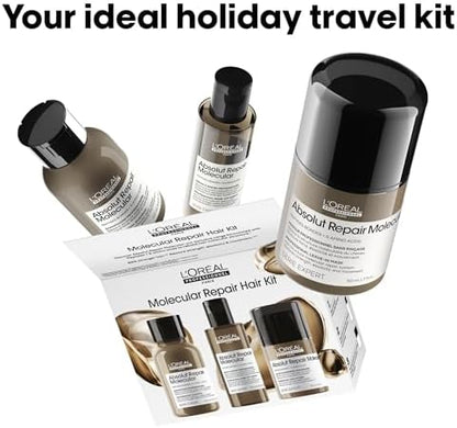 L'Oréal Professionnel Absolut Repair Molecular Shampoo, Rinse-Off Serum & Leave-In Treatment Mini Trio Kit, For Extremely Damaged Hair, Molecular Bond Repair & restores strength, 100ml, 75ml & 50ml