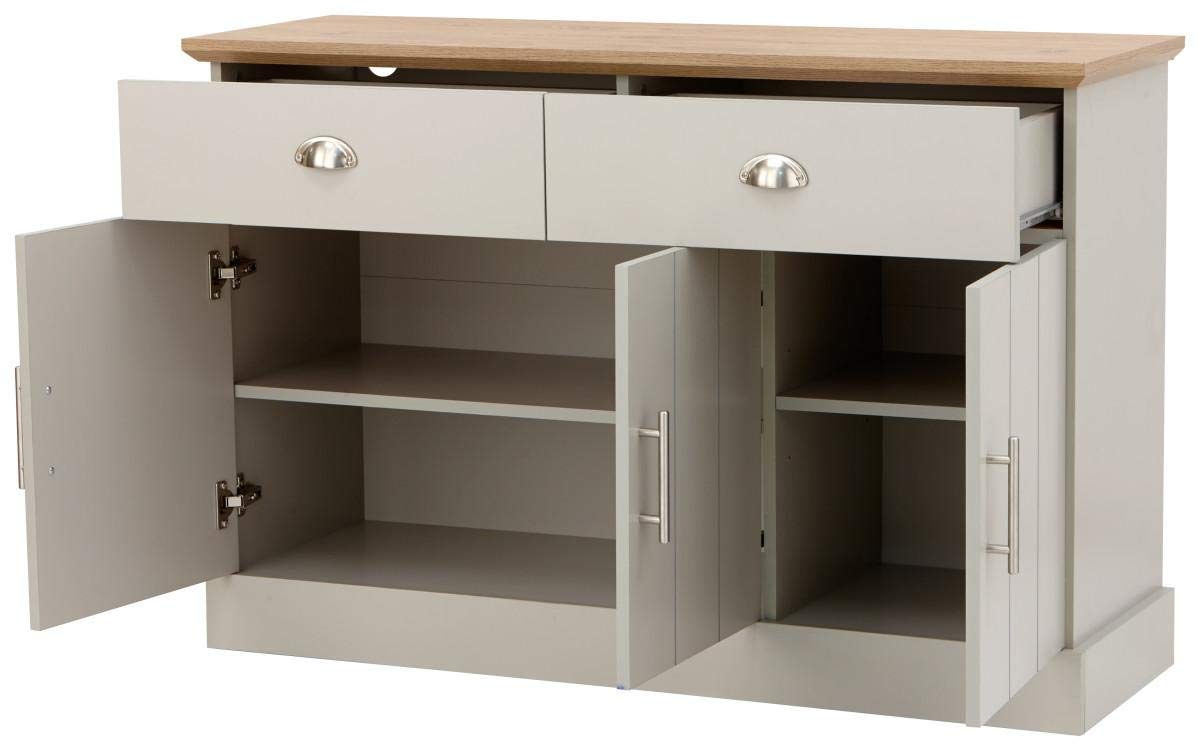 GFW Kendal Grey and Oak Large Sideboard, 3 Door 2 Drawer Storage Cabinet, Country Style Living Room and Dining Room Furniture