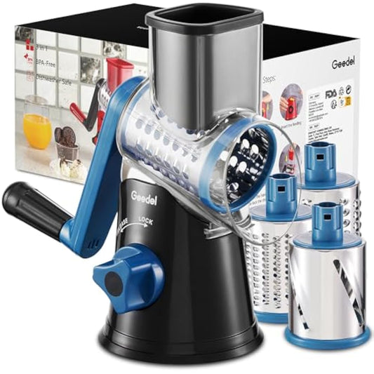 Geedel Rotary Cheese Grater, Vegetable Slicer with 3 Drum Blades, Grater for Kitchen Faster and Easy Cutting, Rotary Drum Grater Ideal for Cheese, Cucumber, Carrot, Potato etc