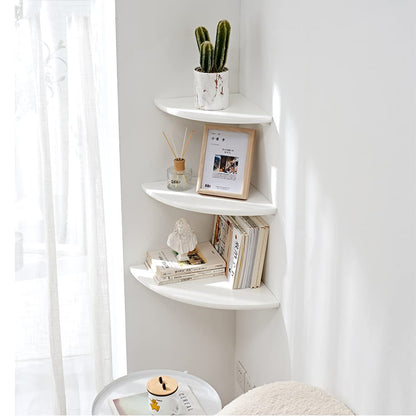 GIEANOO Corner Shelf, Solid Oak Wood White Floating Corner Shelf Wall Mount 16inch Round End Floating Speaker Shelf With Wire Hole Shelf for Bedroom
