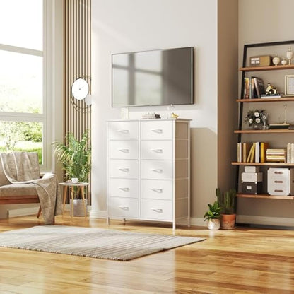 CAIYUN Chest of Drawers Bedroom with 10 Drawers, Tall Fabric Storage Organizer Clearance with Wood Top and Large Storage Space, for Bedroom, Living room, Entryway, Tv Stand, Closet, White
