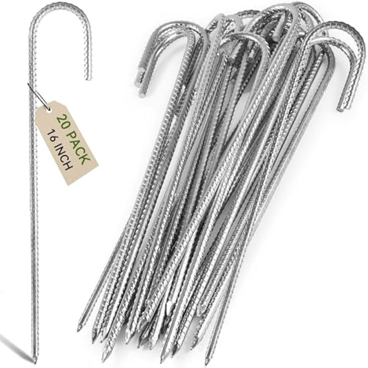 Graxury 20Packs 16inch Heavy Duty Trampoline Tents Anchor Ground Pegs - Galvanized Steel Rust-Proof J Hook Rebar Stakes Fit Trampolines Camp Garden Shed Swings with Chisel Point End