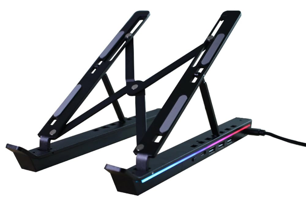 H.May Laptop Stand with Docking Station for Desk,4 in 1(1*USB-C,3*USB-A) Multi-function RGB Laptop Stand,Foldable Portable Cooling Laptop