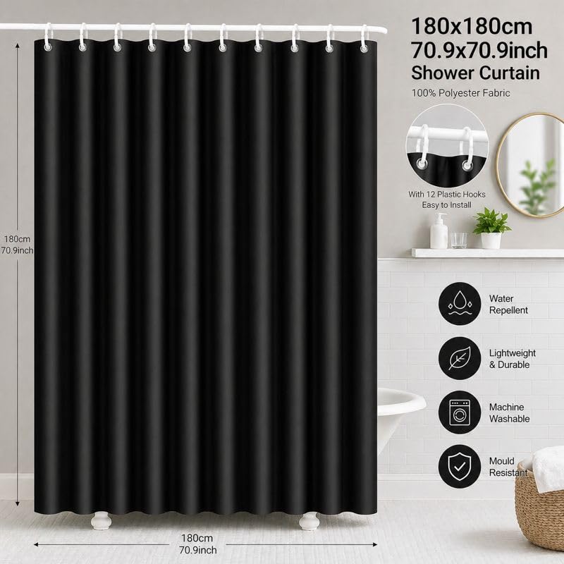 FAVORTALK Black Shower Curtains Waterproof Polyester Fabric Shower Curtain Mould Proof Mildew Resistant 180x180cm Solid Bathroom Curtain Set with 12