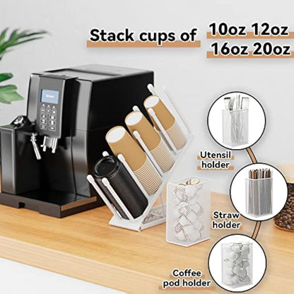 Ovicar Cup and Lid Holder - Adjustable 4 Compartment Disposable Cup Dispenser with Coffee Pod Straw Storage Basket for Bar Countertop Breakroom Metal White