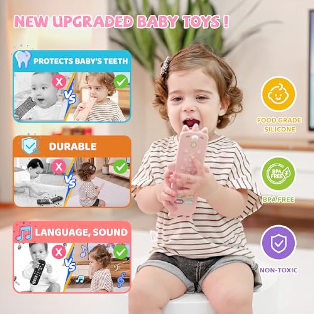 Baby Remote Control Toy with Silicone Teether Cover - Baby Musical Toys, Early Number Learning in 3 Languages (English, Spanish & French), Preschool Infant Girl Toys 6, 9, 12, 18 Month.