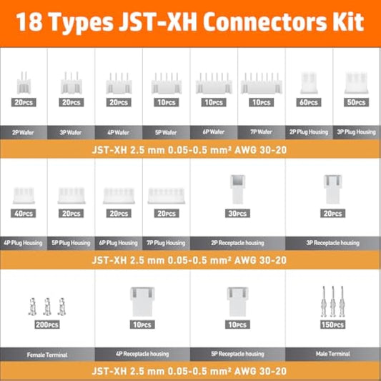 PEBA Crimping Pliers Connector Set- 18 Styles JST-XH 2.5mm Connectors and Crimp Pins Assortment Kit, JST Crimping Pliers 0.03-0.5mm²/AWG 32-20 for JST(XH/SM/PH/SYP), Dupont Connectors