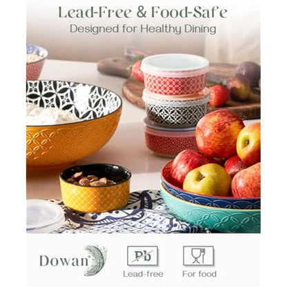 DOWAN 176 ml Dipping Bowls Set of 6, 9 cm Diameter Porcelain Ramekins with Lids for Creme Brulee, Condiment, Olives, Nuts, Souffle Dishes, Oven Safe, Colourful