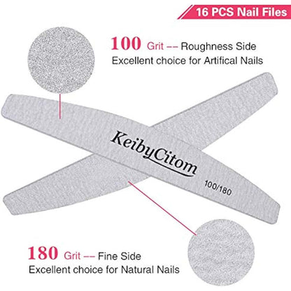 Professional Nail Files 16 Pcs Double Sided Emery Board(100/180 Grit) Manicure Tools Nail File - Natural Gel and Acrylic Nails for Home and Salon Use