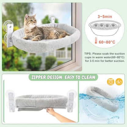 GUUSII HOME Cat Hammock Window Perch Foldable Hanging Bed Windowsill Seat Large Cats Shelf with Strong Suction Cups Kitty Lounger Reversible Cover 53 * 30cm Hold Up to 18kg Easy to AssembleGrey