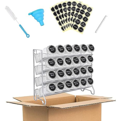 Mutool 4 Tier Spice rack Free standing Metal Kitchen Shelf,Plastic Spice Bottle Jars Storage Tidy Condiment holder for Countertop Cabinet, with 24 Spice jars,80 labels,1 pen,1 funnel(Silver grey)